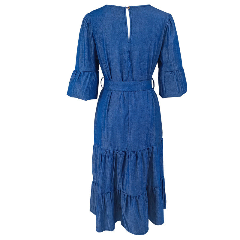 Women's Puff Sleeve Round Neck Fashion Denim Dress 7