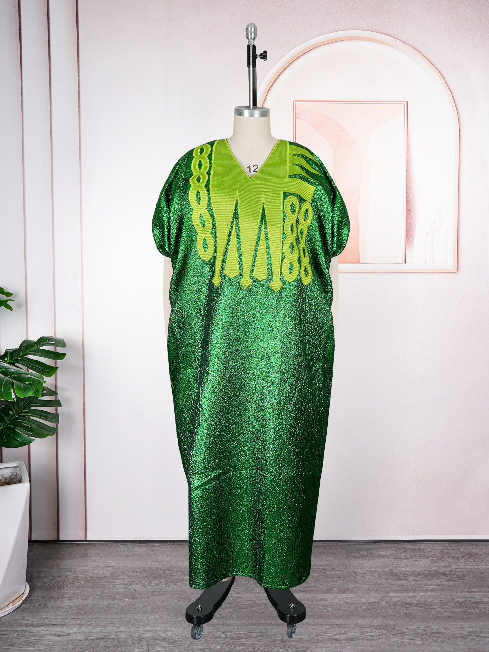 Muslim V-Neck Long Dress African Plus Size Women's Dubai Embroidered Robe Headscarf 8