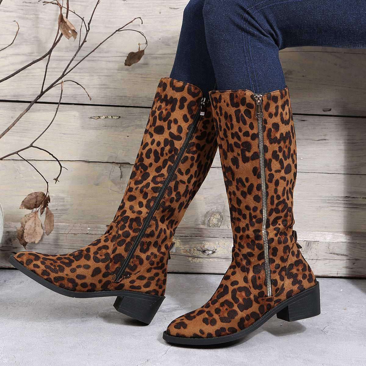 Women French Retro Leopard Print Medium Chunk Heel Short Boots Overboots 9