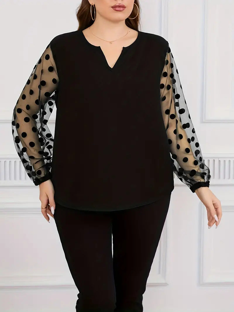 Plus Size Women Solidmesh Patchwork Long Sleeve Plus Size Shirt 6