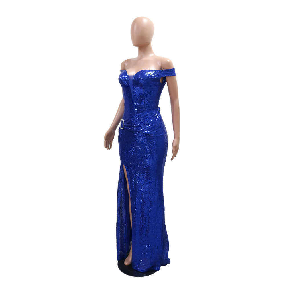Women Sexy Off Shoulder Split Sequin Dress 7