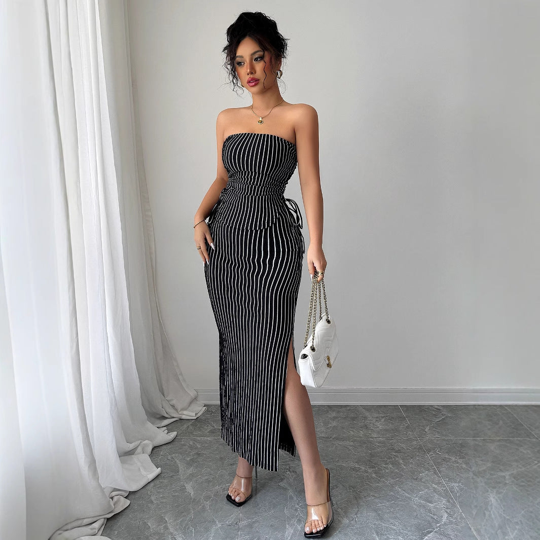 Women elegant stripes Lace-Up Strapless Top and Bodycon Skirt two-piece set 7