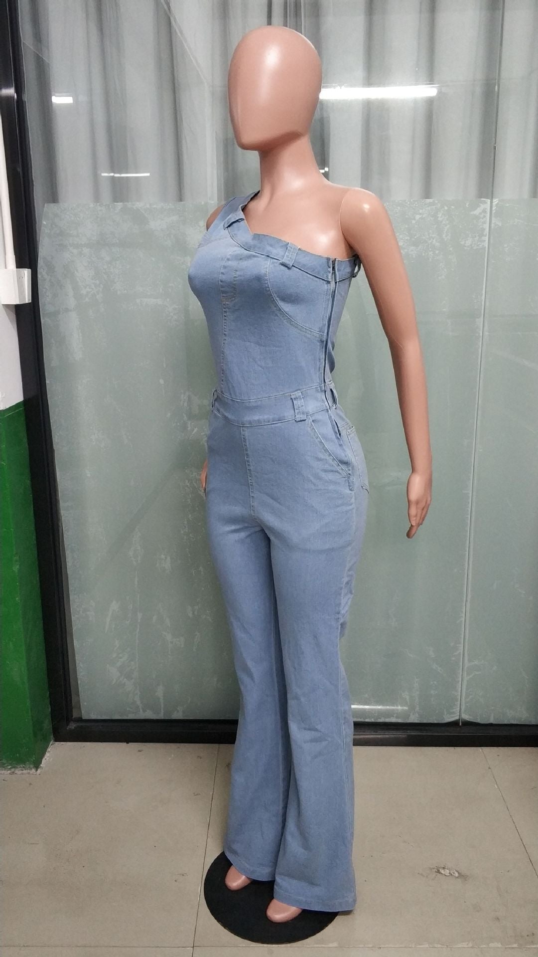 Slash Shoulder Slim Fit Stretch Washed Bell Bottom Denim Jumpsuit 7