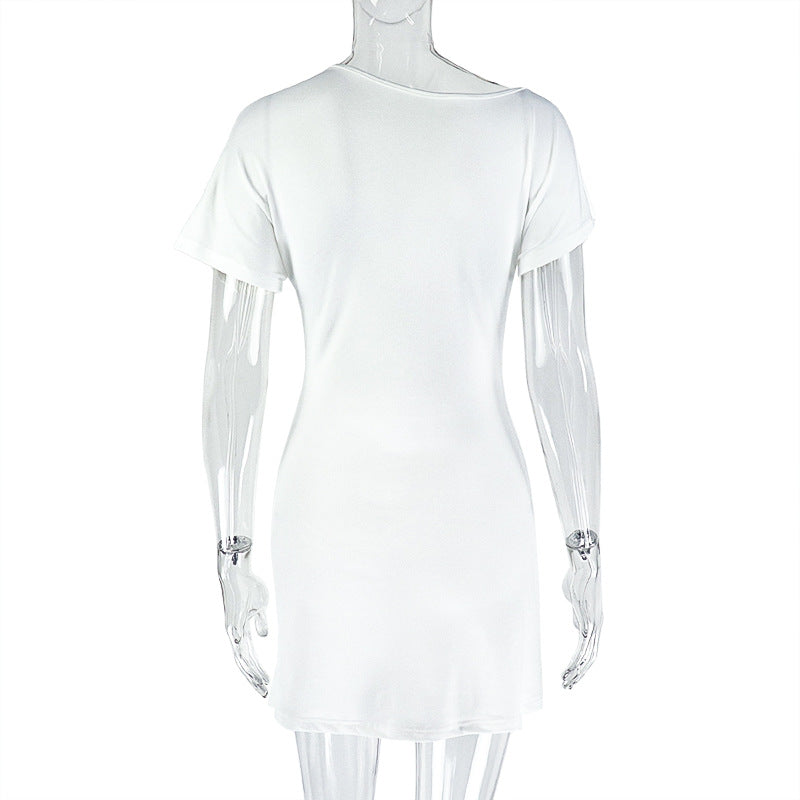 Women Casual Solid Bodycon Slash Shoulder Pleated Short Sleeve Dress 7