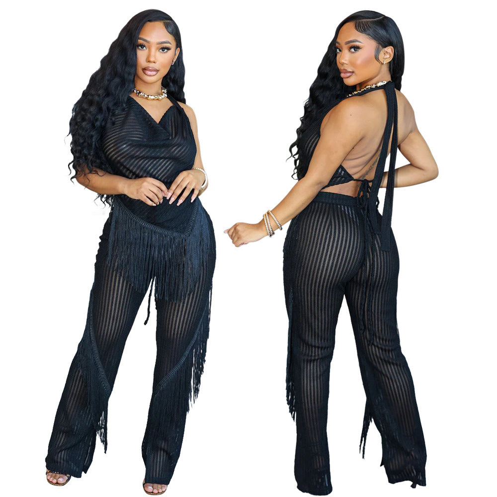 Women Halter Neck lace-up sleeveless Backless Top and sexy tassel trousers 8