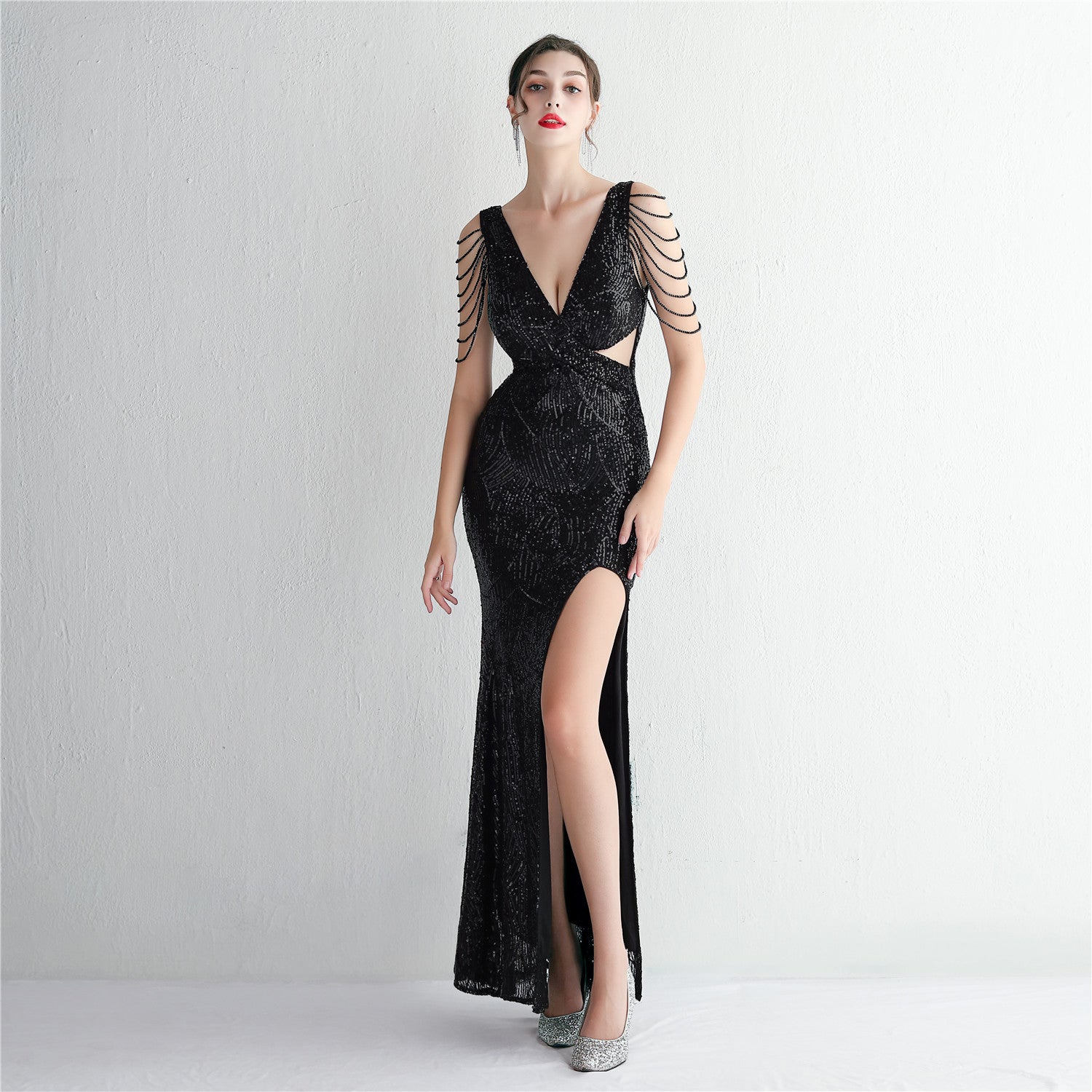 WomenElegant Sequins V Neck SlitEvening Dress 8