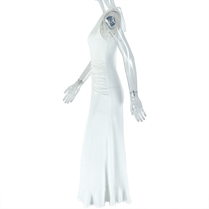 Women Pleated Sexy Hollow Bodycon High Neck Sleeveless Solid Maxi Dress 6