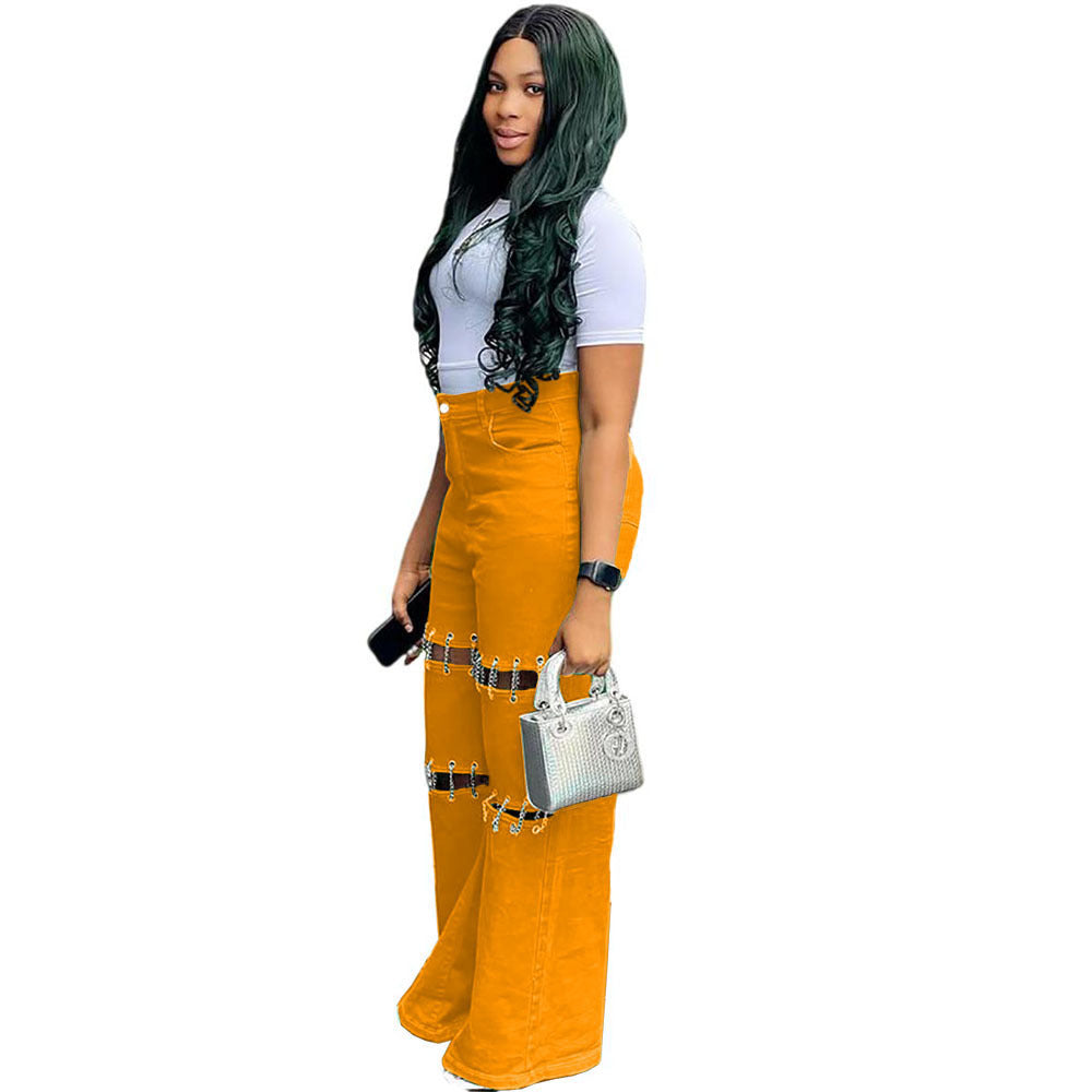 Women's High-Waisted Patchwork Denim Jeans with Studded Chain 12