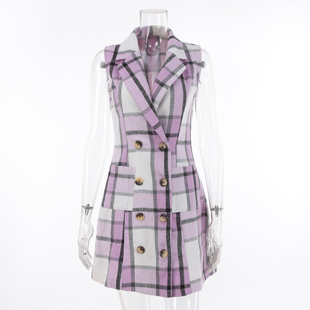 Women's Fashion Plaid Long Vest Turndown Collar Sleeveless Blazer 8