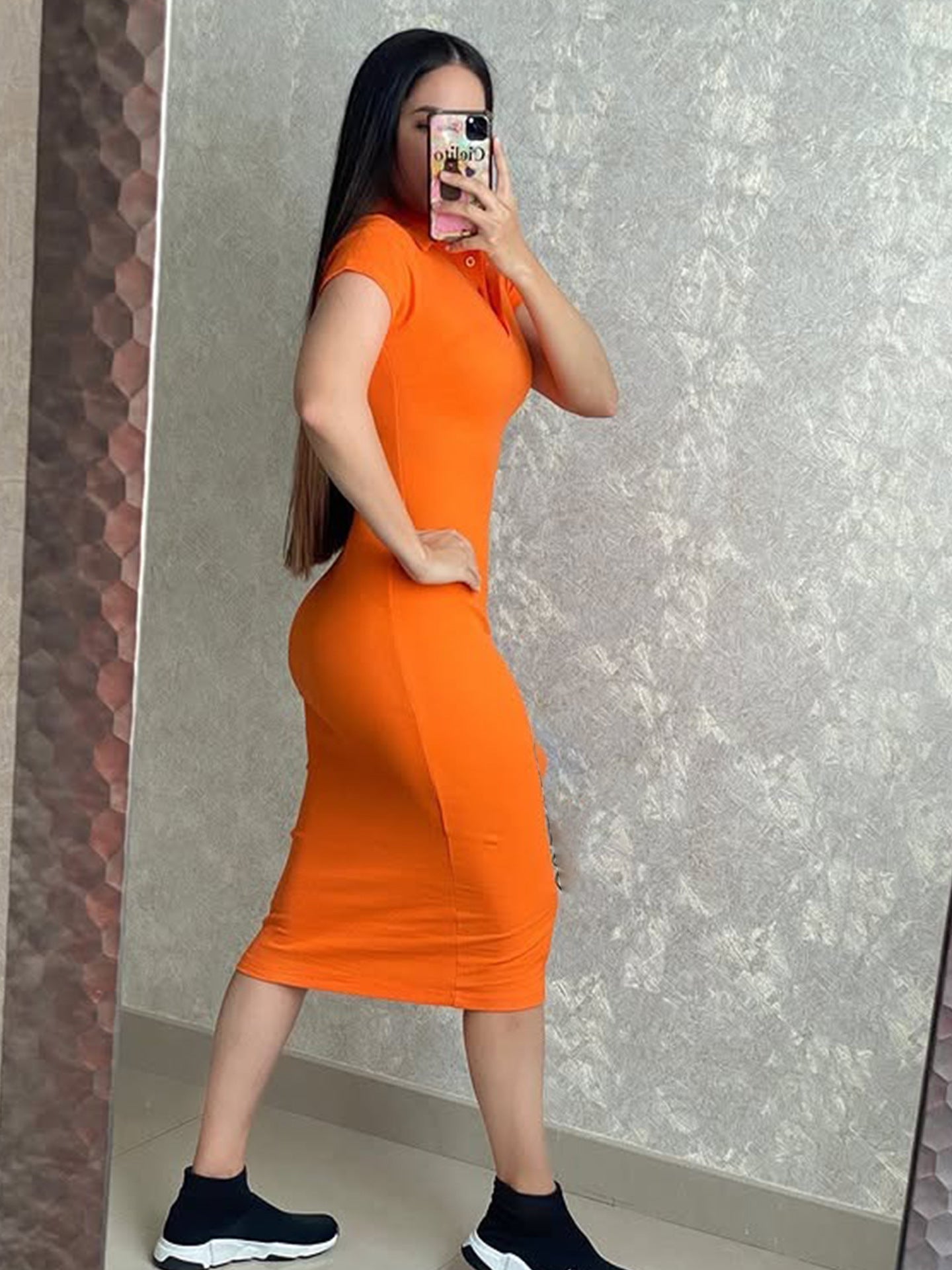 Women Summer Turndown Collar Short Sleeve Sexy Solid Bodycon Dress 6