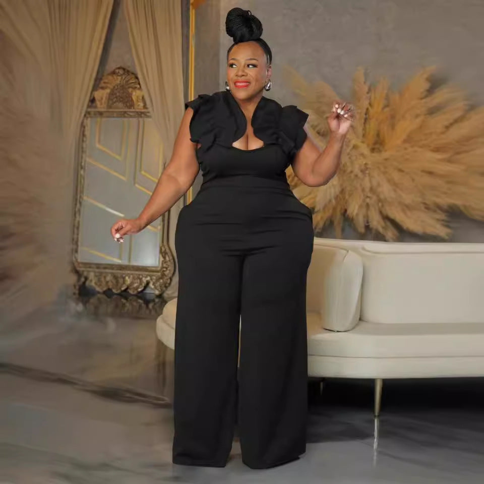 Plus Size Women Sexy Suspender Lace Elastic Wide-leg Jumpsuit 5