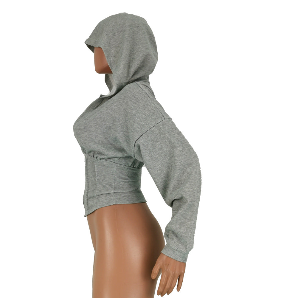 Women Sexy Elastic Waist Loose Hooded Zipper Top 23