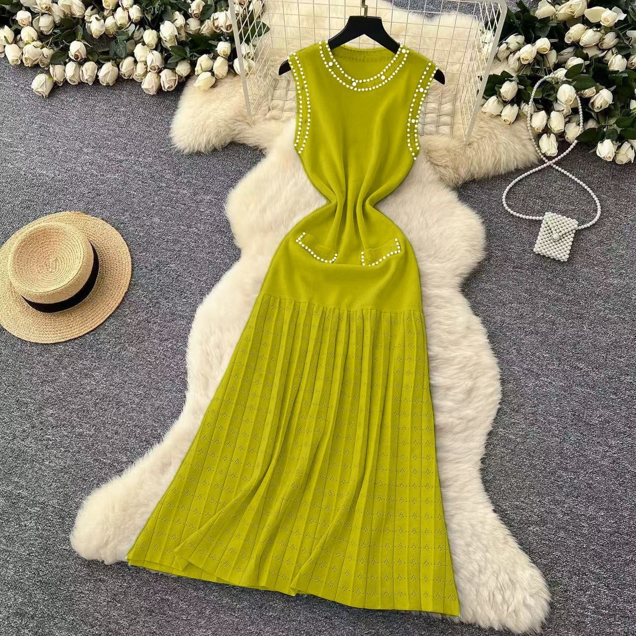 Women's Summer Beaded Sleeveless Knitting Long Dress 14
