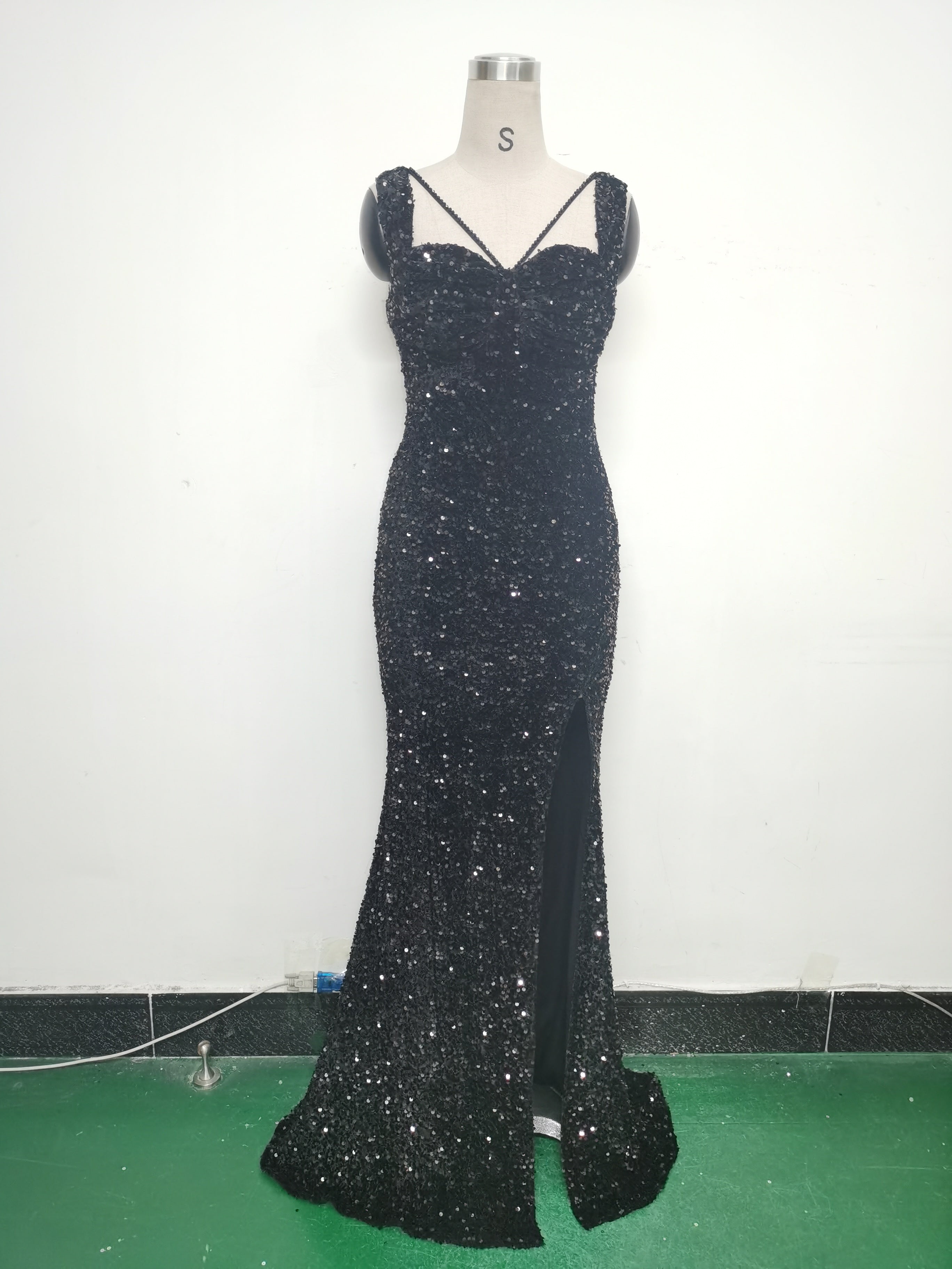 Luxury strap sequined long evening gown 33