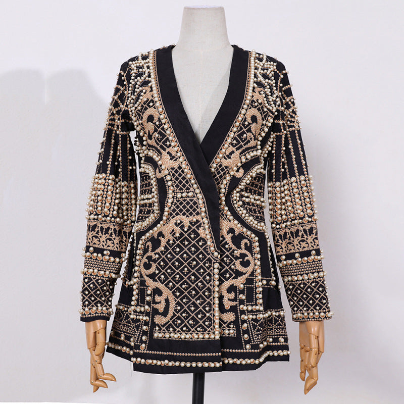 Women French Vintage Beaded Print V-Neck Casual Jacket 17