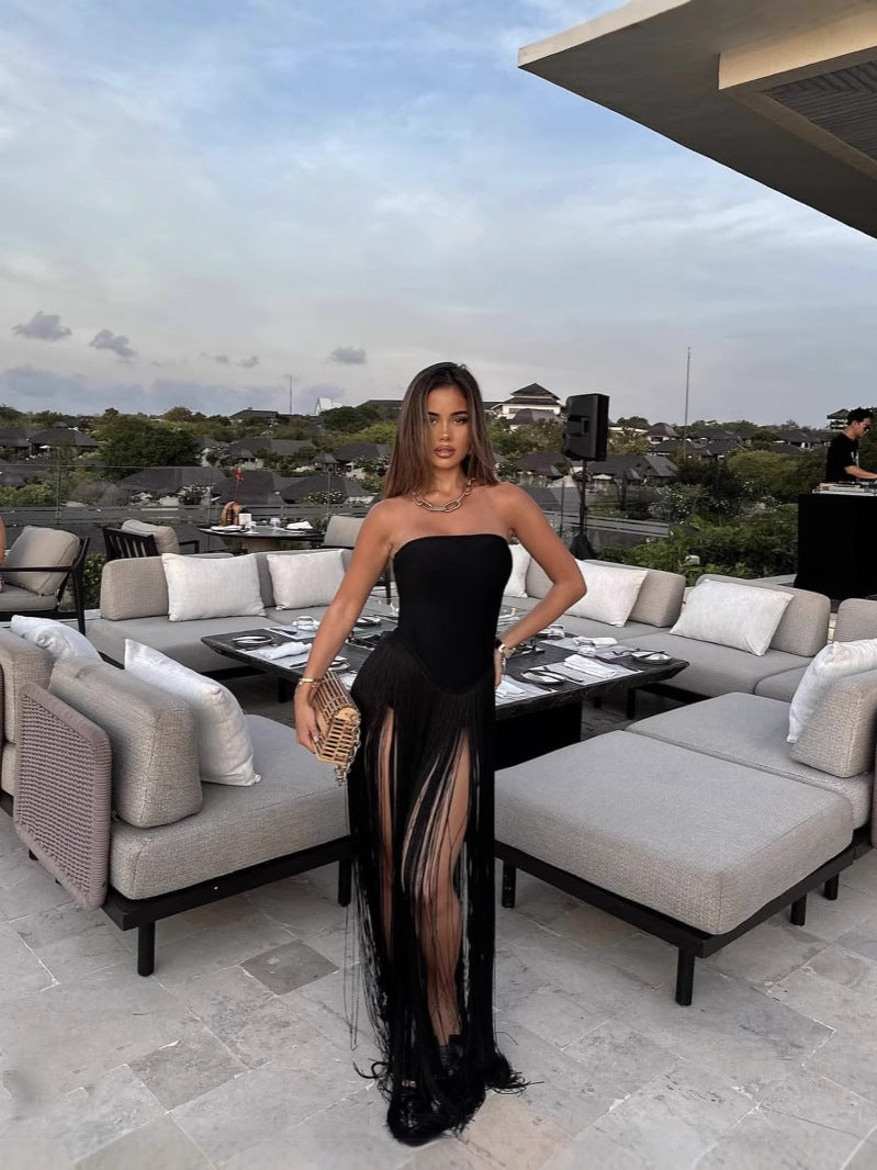 Spring Summer Style Tassel Trimmed Sexy Slimming Zipper Strapless Dress 6