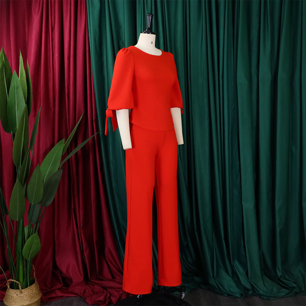 Women's Casual Set Loose Plus Size Lace-Up Top High Waist Wide Leg Pants Two-Piece Set 13