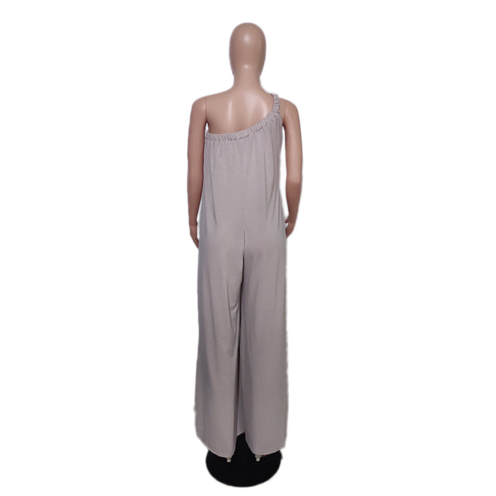 Women Solid Color Slash Shoulder Loose Jumpsuit 7