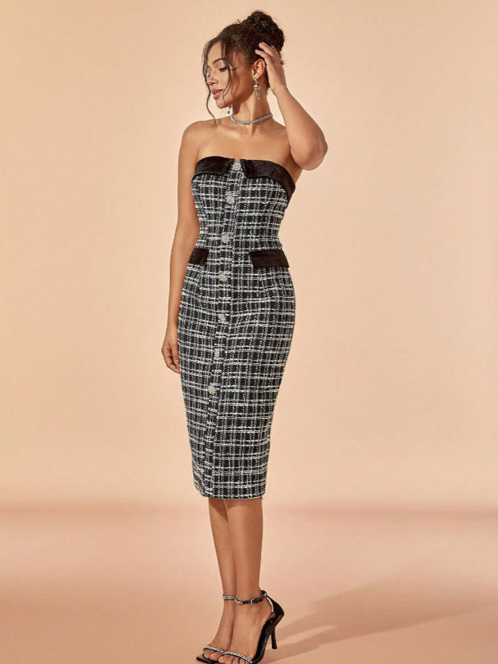 Women Strapless plaid button Career Bodycon elegant Maxi Dress 5