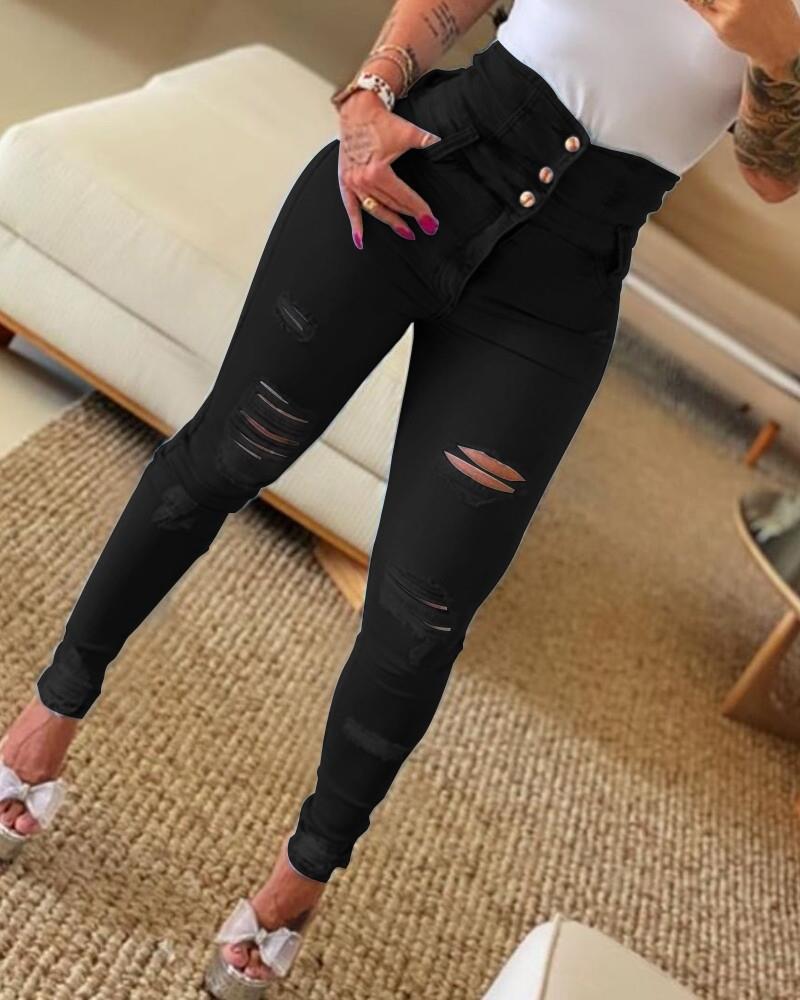 Fall High Waist Slim Fit Denim Pants Women's Ripped Tight Jeans 6