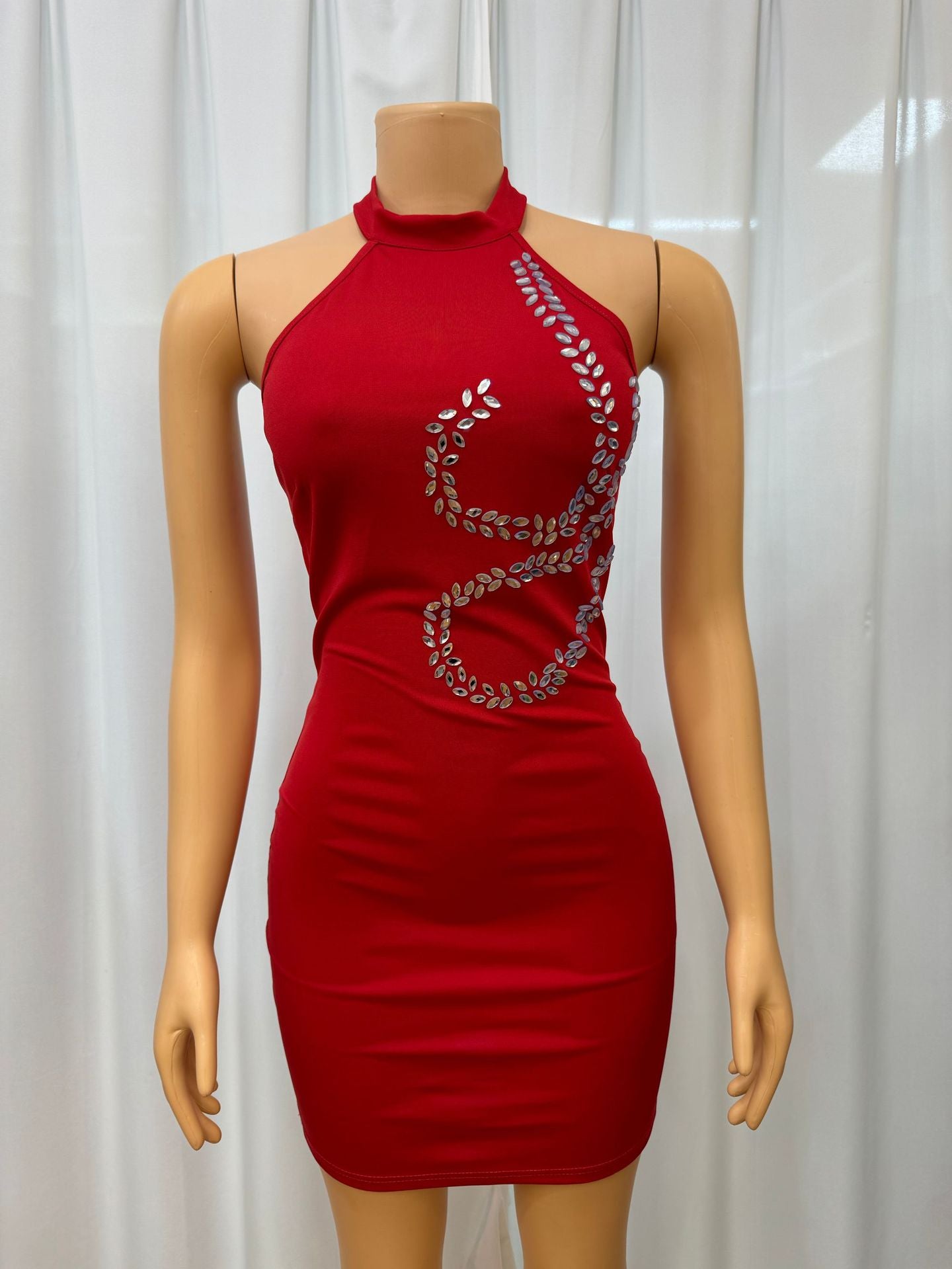 Solid color Halter Neck diamond Low Back Bodycon evening dress for women 4