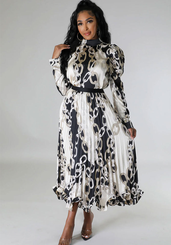 Women Fall Casual Long Sleeve Pleated Print Top and Skirt Two-Piece Set