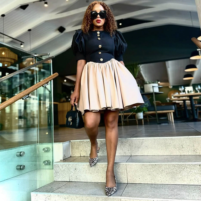 Women Summer Princess Sleeve Button Pleated Dress