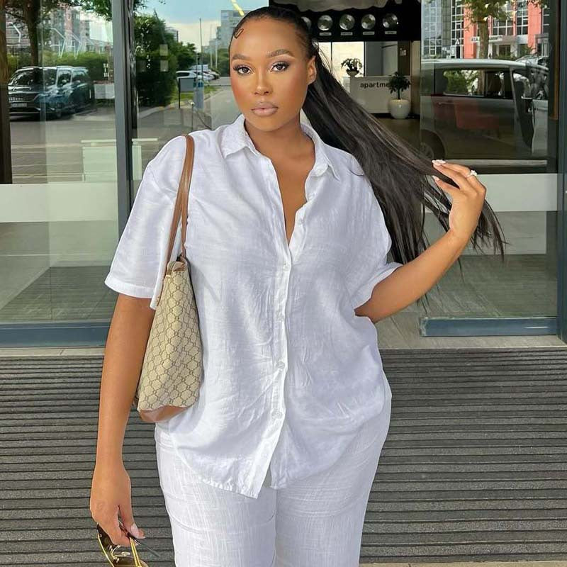 Women's short sleeve Turndown Collar shirt wide-leg trousers African two-piece set for women