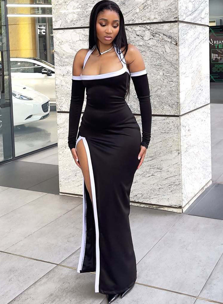 Summer Fashion White Contrast Color High-Slit Halter Neck Dress 3