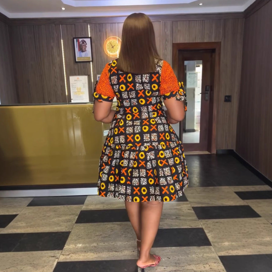 Women elegant zipper contrast color pleated Lace-Up Dress