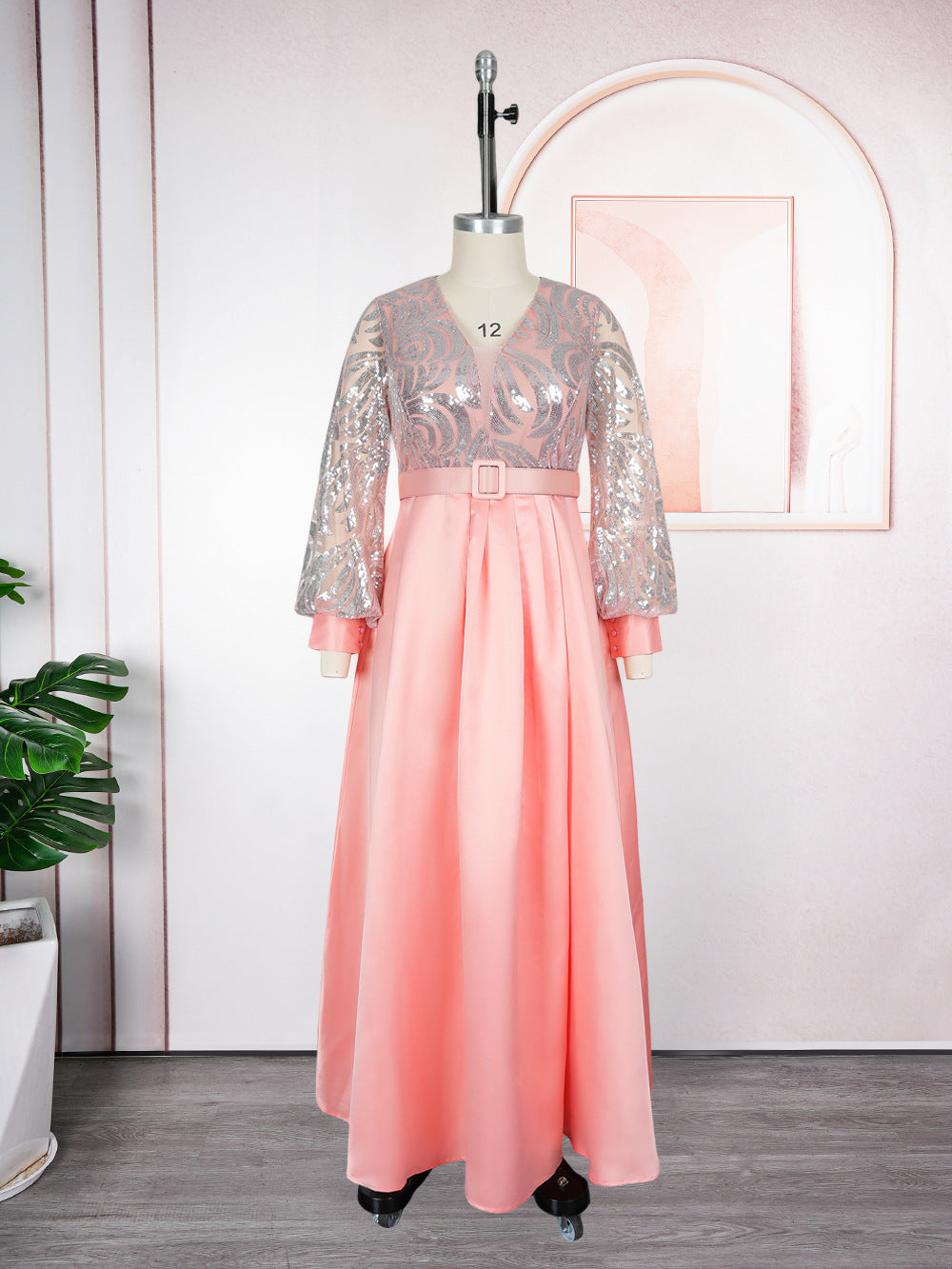 Plus-size African Women sequined lace long-sleeved V-neck elegant maxi dress 10