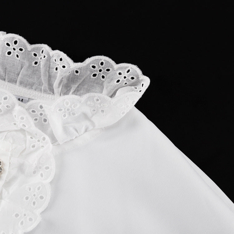 Stand Collar Diamond Button Ruffle Shirt Women Trendy White Shirt Top 9