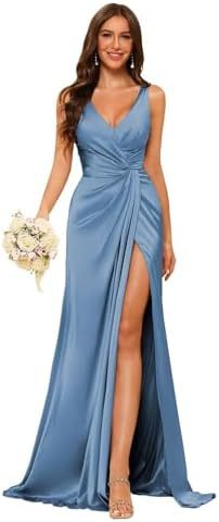 Women's Strap V-Neck Bridesmaid Dress Sleeveless Satin High Slit Prom Dress（Processing time need 3-6 days） 15