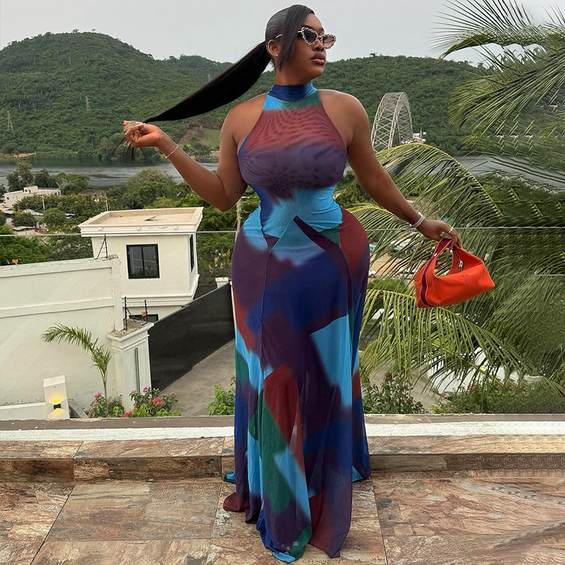 Women's Fashion Print Halter Low Back Sleeveless Color Matching Maxi Dress 3