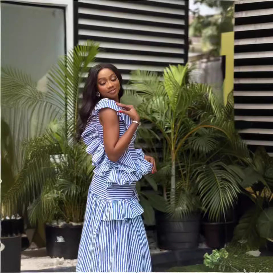 Summer Women's Slash Shoulder Ruffle Striped Sexy Dress 4