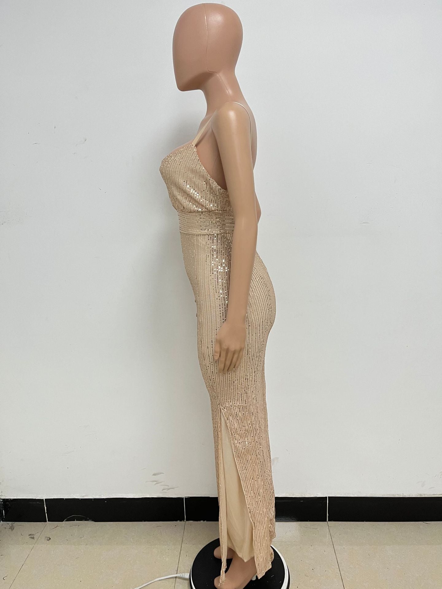 Women's Summer Slit Low Back Dress Sequined Sleeveless Suspender Dress 42