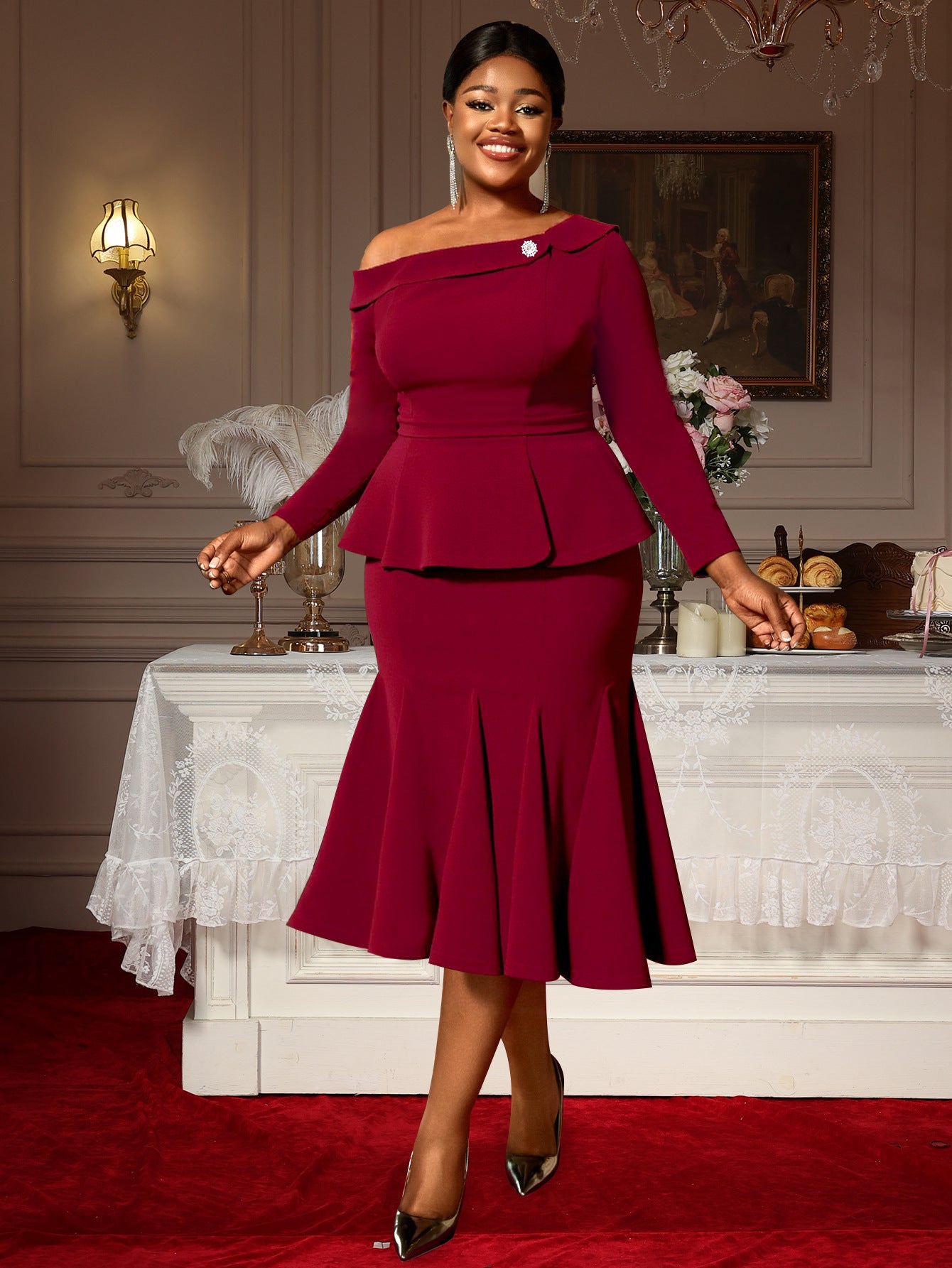 Plus-Size Women Burgundy One-Shoulder Ruffle Long-Sleeved Top Mermaid Skirt Elegant Two-Piece Suit 4