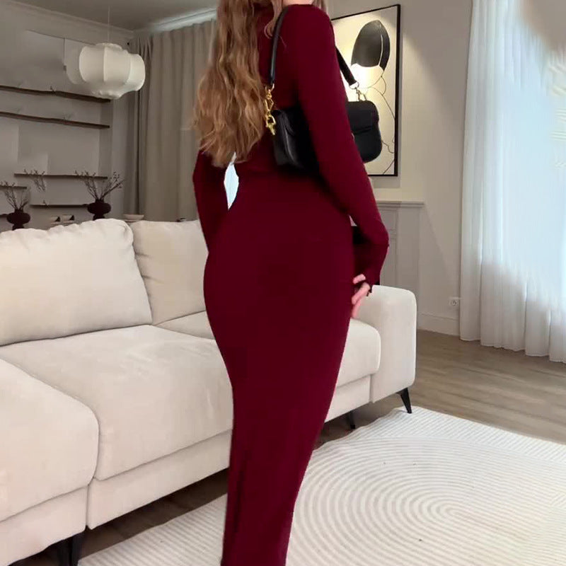 Women's Chic Solid Color Long Sleeve Slim Midi Dress 7