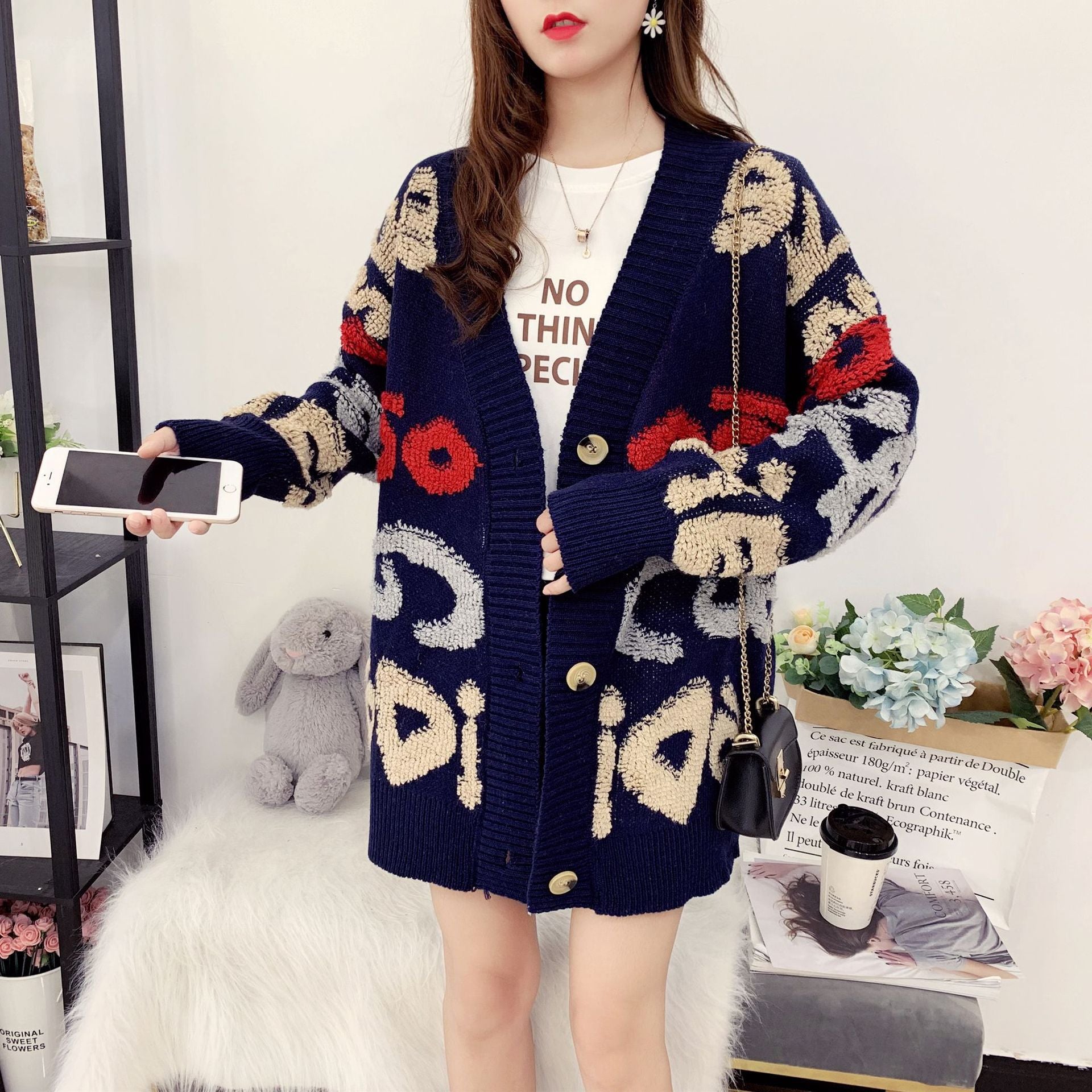 Women Fall and Winter Letter Contrast Color Loose Knitting Sweater Jacket 5