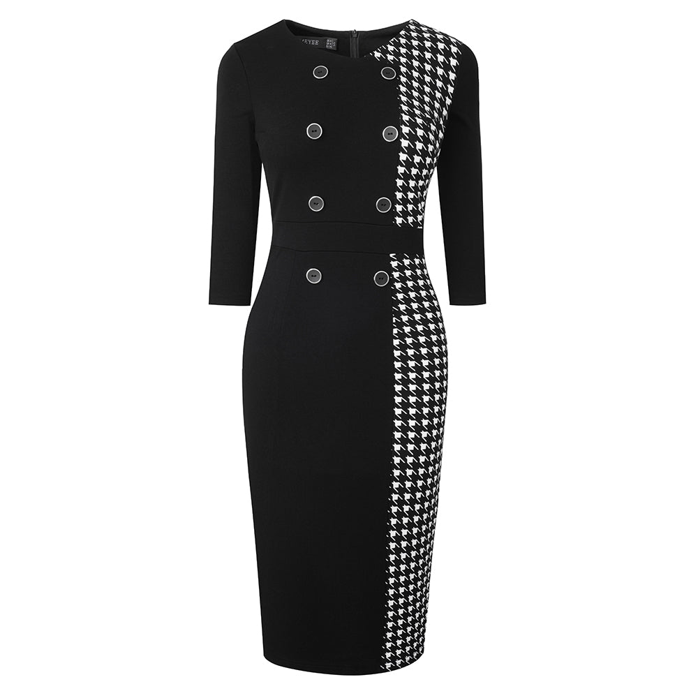 Women Button Houndstooth Patchwork Bodycon Dress 3