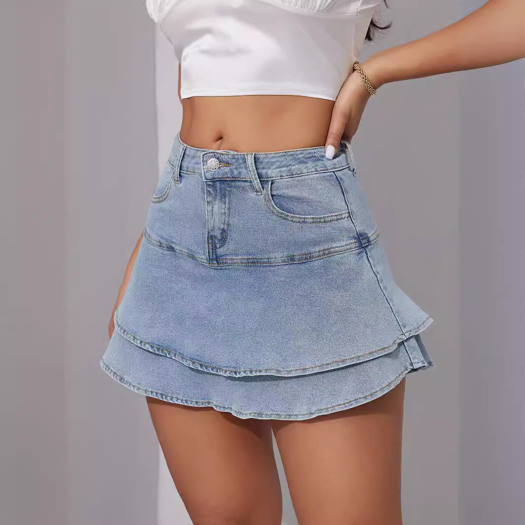 Women's Puff Skirt Fashion Stretch Washed Denim Skirt 4