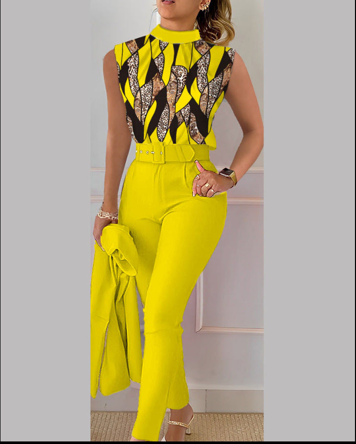 Trendy Spring Print Sleeveless Print Top Solid Pants Fashion Casual Suit (Without Coat) 5