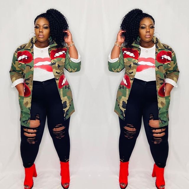 Women's Fashion Pocket Stand Collar Camouflage Sequin Lips Camouflage Jacket Top