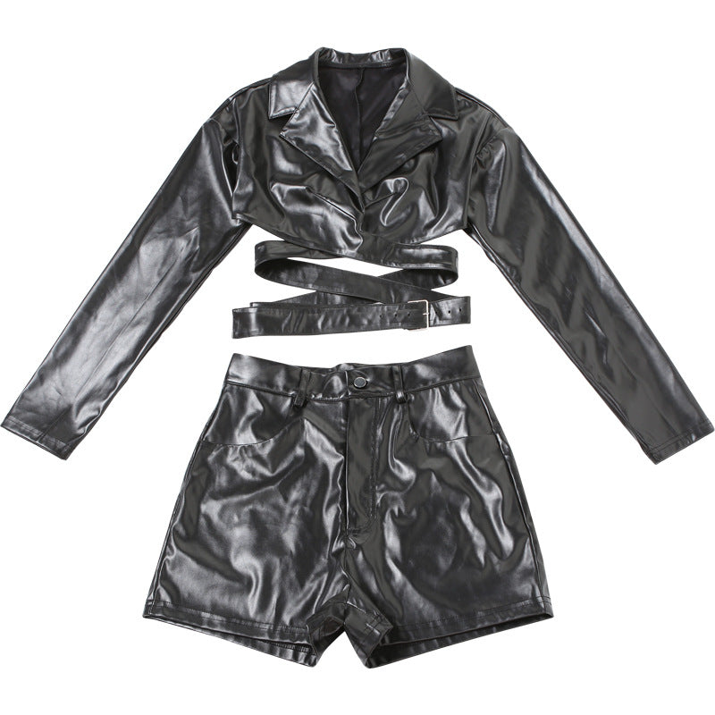 Women Sexy Turndown Collar V Neck Pu Leather Top and Shorts Two Piece Set 7