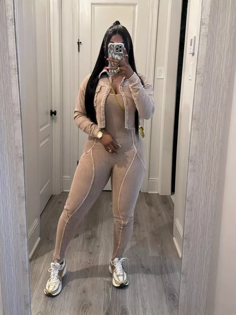 Fashion Women's Solid Color Tight Slim Jumpsuit Coat Casual Two-Piece Set 8