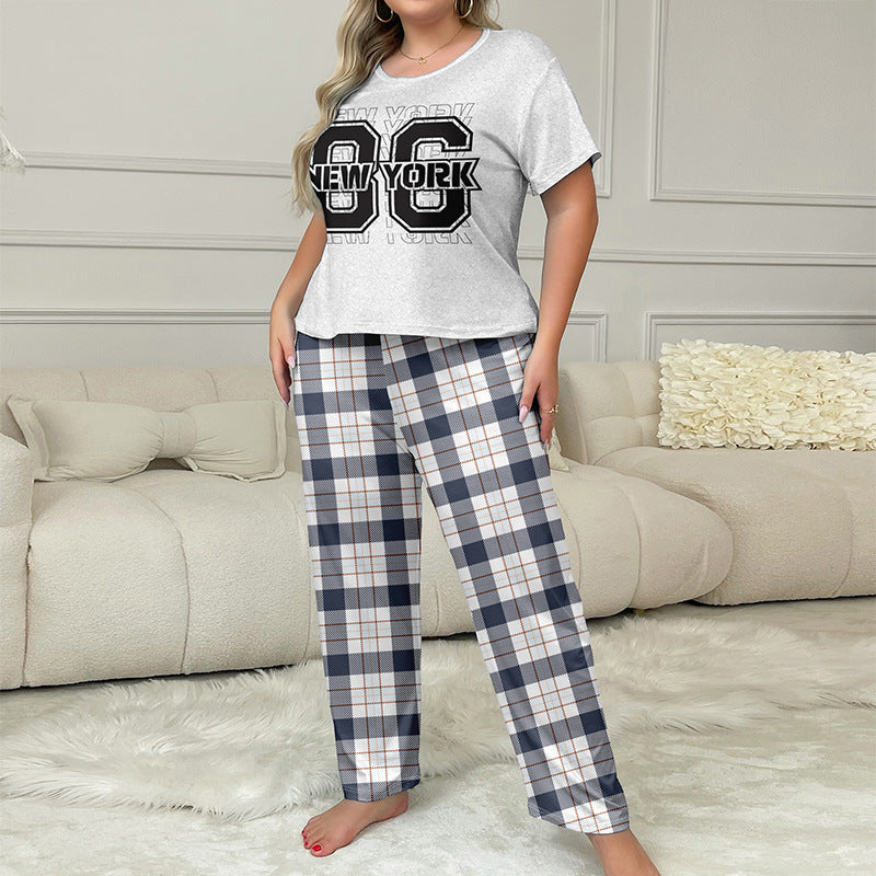 Summer No.96 Print Short Sleeve Top Plaid Pants Women's Home Clothes Plus Size Pajamas 3