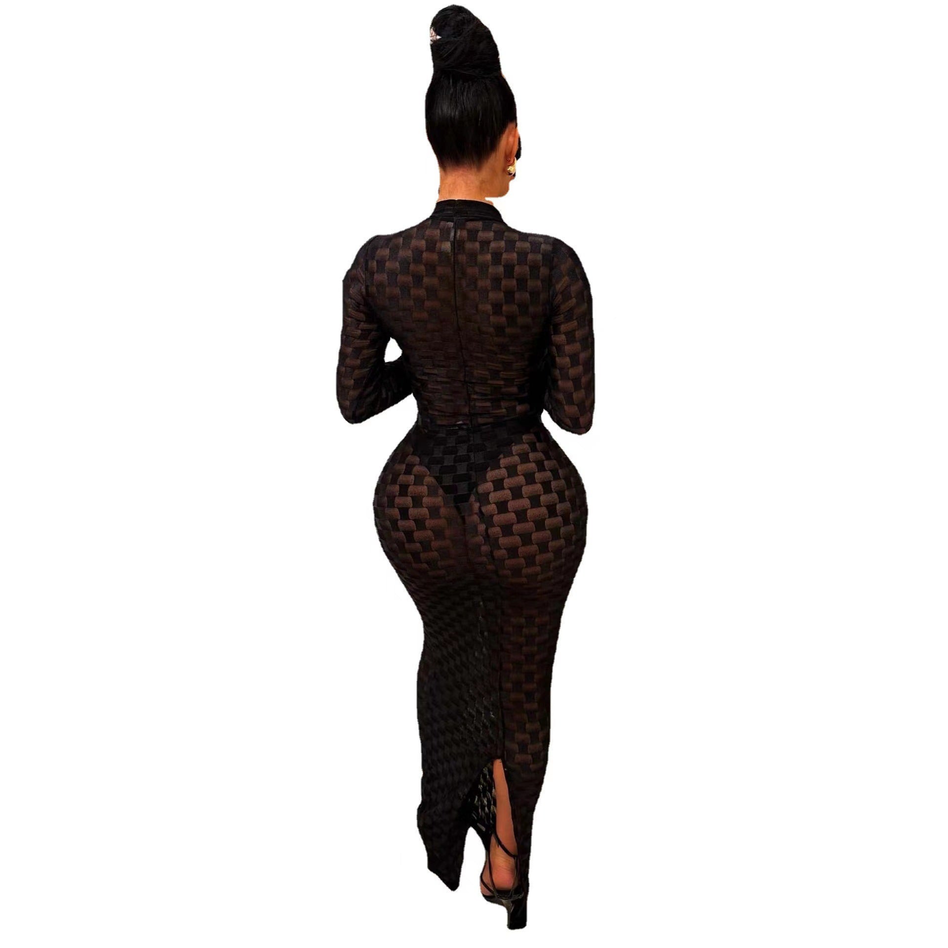Women's Fashion Mesh Round Neck Slim Fit Long Dress 12