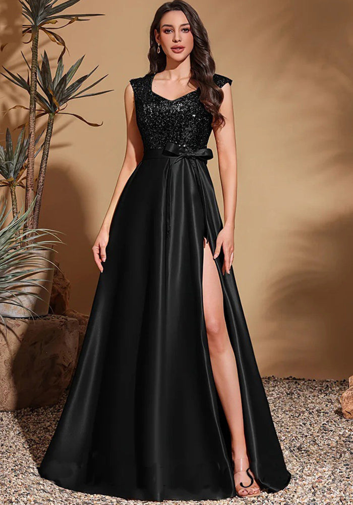 Women Elegant Black Sequined V-Neck Party Mermaid Bridesmaid Evening Dress（Processing time need 3-6 days）