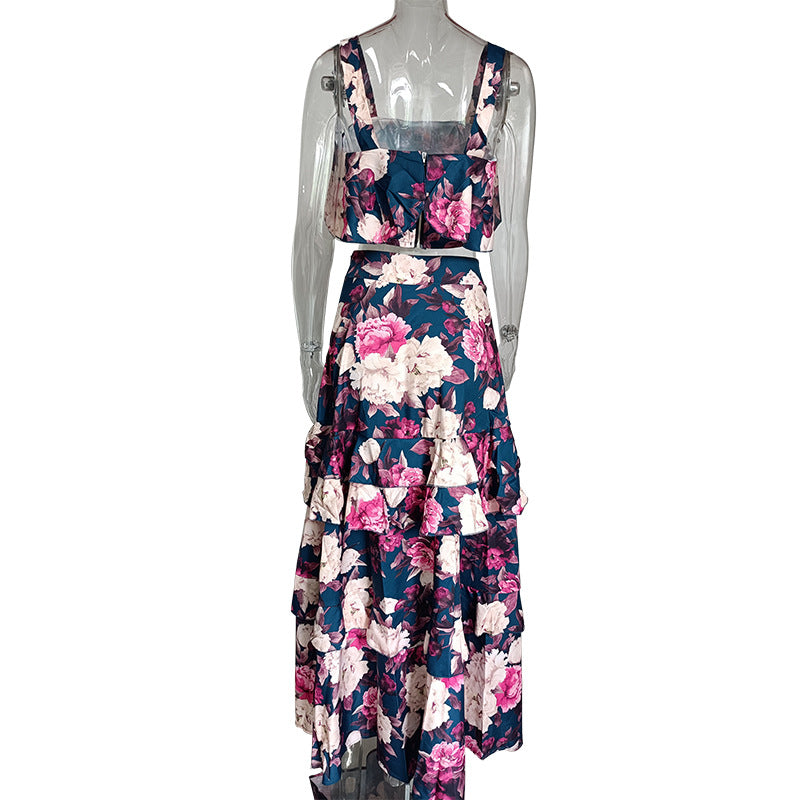 Women Beach Edge Holidays Printed Suspender Top Cascading Ruffles Skirt Two-Piece Set 9