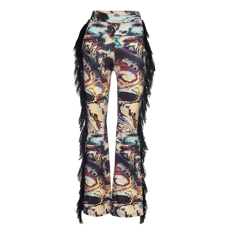 Women Autumn/Winter Multi-Color Printed Fringed Patchwork Pants 5